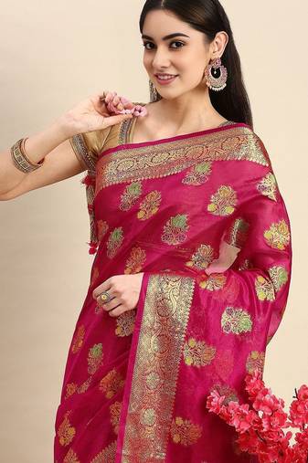 Pink ethnic motifs zari organza banarasi saree