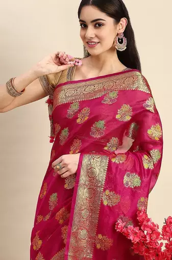 Pink ethnic motifs zari organza banarasi saree