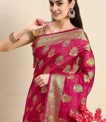 Pink ethnic motifs zari organza banarasi saree