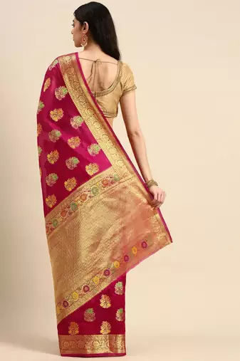 Pink ethnic motifs zari organza banarasi saree