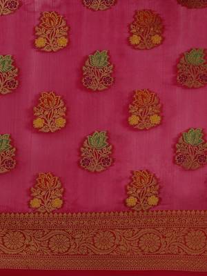 Pink ethnic motifs zari organza banarasi saree 4