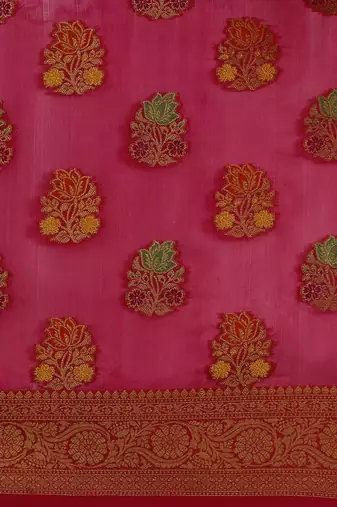 Pink ethnic motifs zari organza banarasi saree