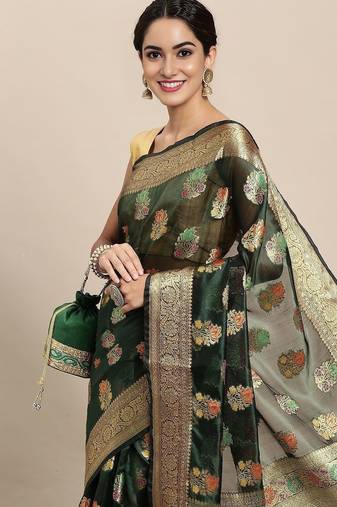 Green ethnic motifs zari organza banarasi saree