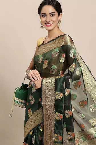 Green ethnic motifs zari organza banarasi saree