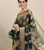Green ethnic motifs zari organza banarasi saree