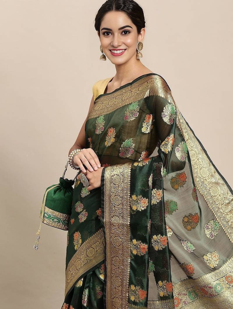 Green ethnic motifs zari organza banarasi saree