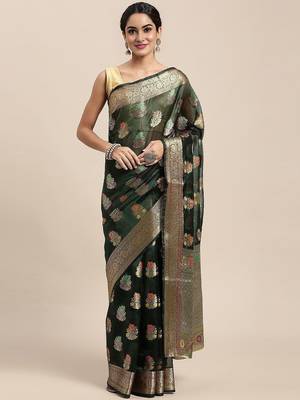 Green ethnic motifs zari organza banarasi saree 2