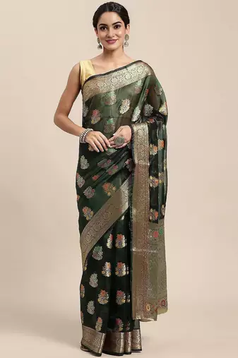 Green ethnic motifs zari organza banarasi saree