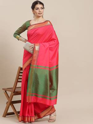 Pink fuchsia pink & gold-toned woven design silk cotton banarasi saree 1