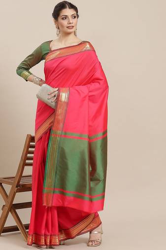 Pink fuchsia pink & gold-toned woven design silk cotton banarasi saree