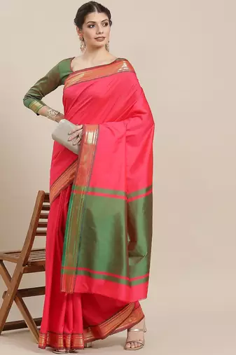 Pink fuchsia pink & gold-toned woven design silk cotton banarasi saree