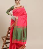 Pink fuchsia pink & gold-toned woven design silk cotton banarasi saree