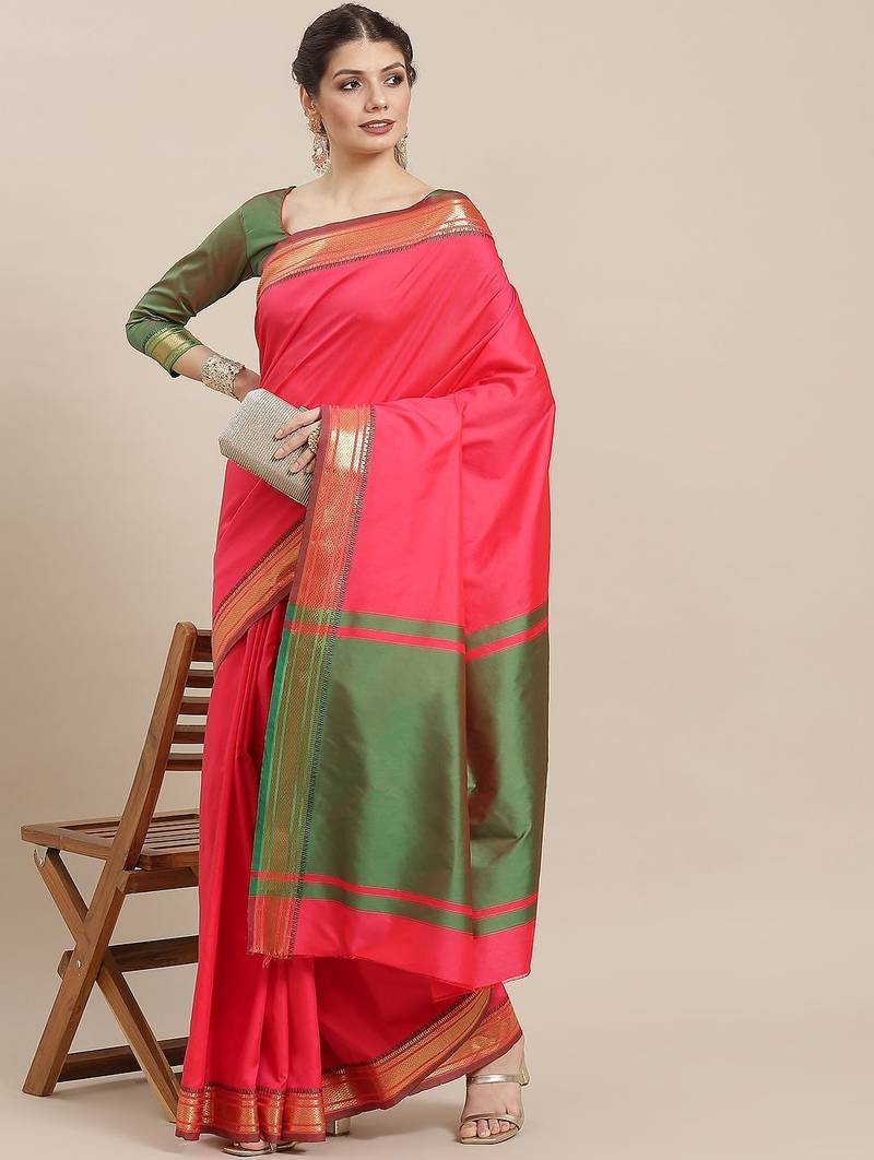 Pink fuchsia pink & gold-toned woven design silk cotton banarasi saree