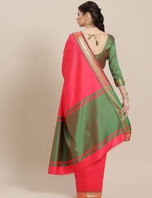 Pink fuchsia pink & gold-toned woven design silk cotton banarasi saree 2