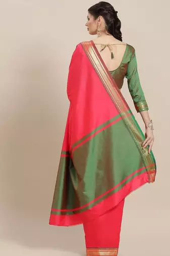 Pink fuchsia pink & gold-toned woven design silk cotton banarasi saree
