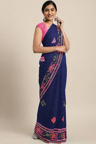 Navy blue navy blue embroidered pure georgette saree