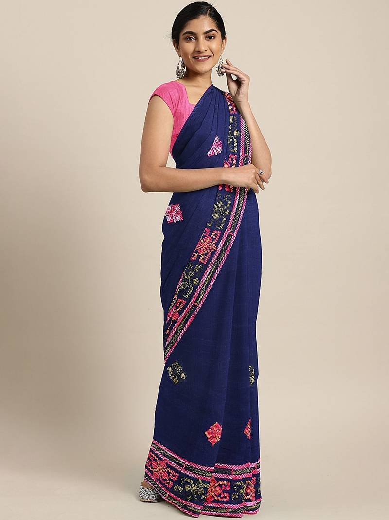 Navy blue navy blue embroidered pure georgette saree