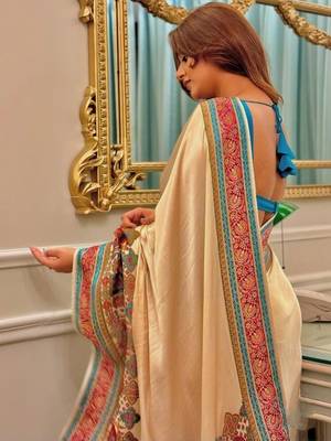 Cream ethnic motifs satin saree 3