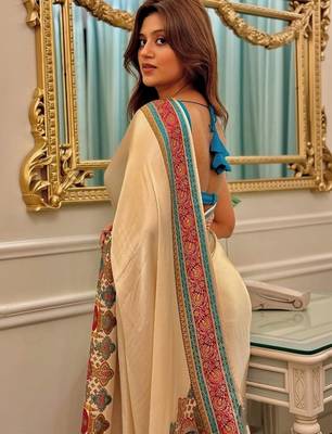 Cream ethnic motifs satin saree 4