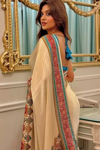 Cream ethnic motifs satin saree