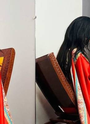 Red ethnic motifs satin saree 3