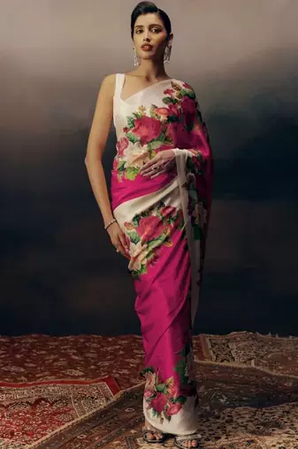 Multicolor floral satin designer saree