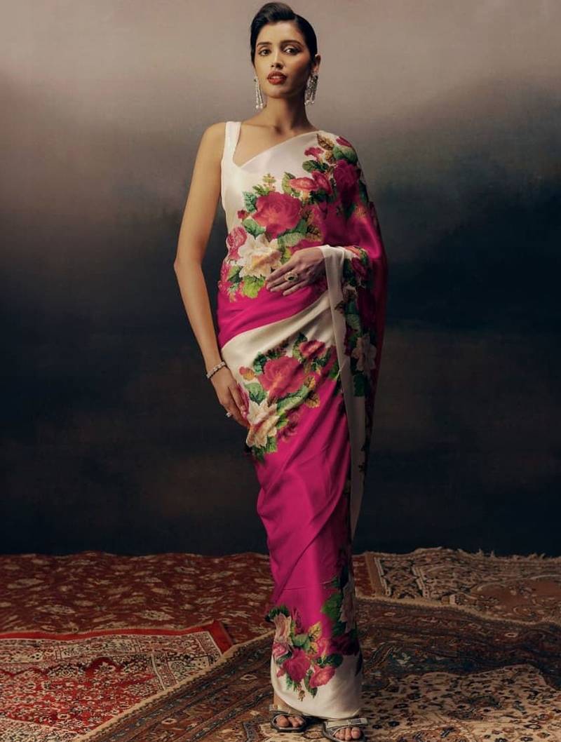 Multicolor floral satin designer saree