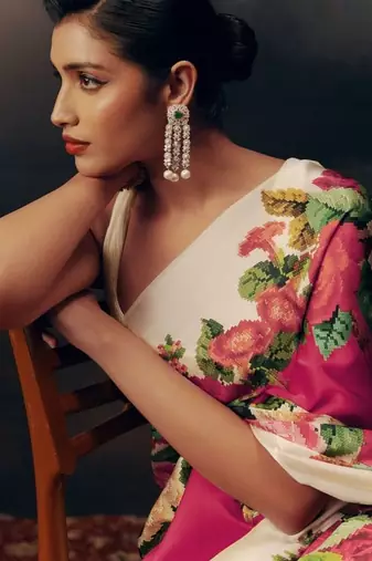 Multicolor floral satin designer saree