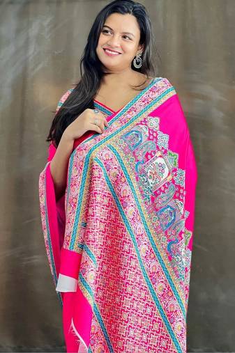 Pink ethnic motifs satin saree