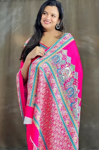Pink ethnic motifs satin saree