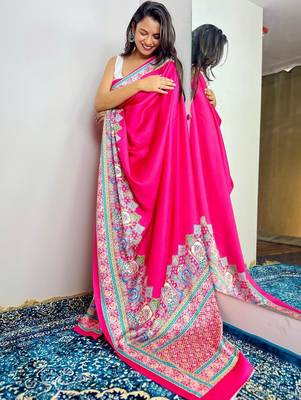 Pink ethnic motifs satin saree 2