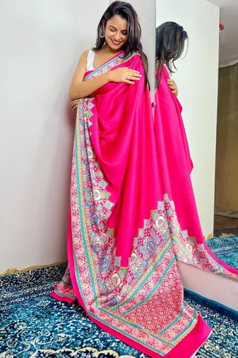 Pink ethnic motifs satin saree