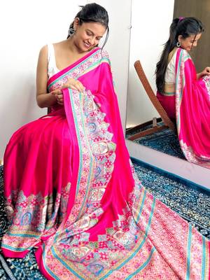Pink ethnic motifs satin saree 3