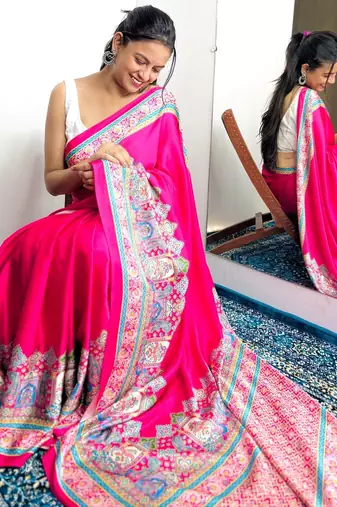 Pink ethnic motifs satin saree