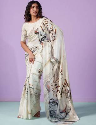 Off white satin designer saree 1