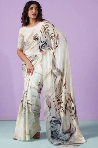 Off white satin designer saree