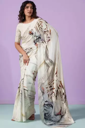 Off white satin designer saree