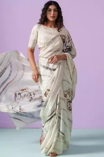 Off white satin designer saree