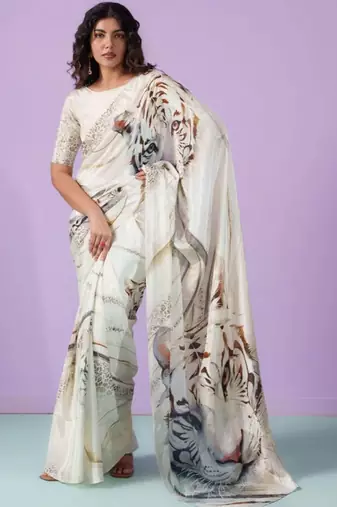 Off white satin designer saree
