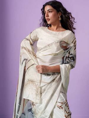 Off white satin designer saree 4