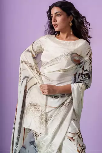 Off white satin designer saree