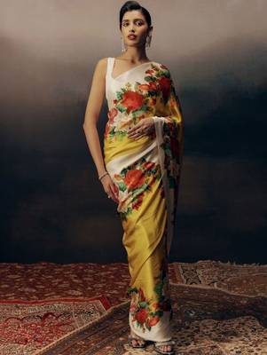 Yellow floral satin saree 1
