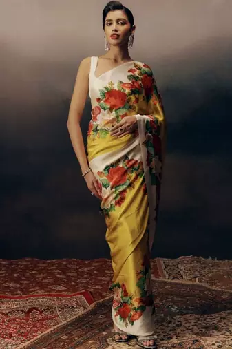 Yellow floral satin saree