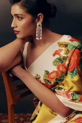 Yellow floral satin saree