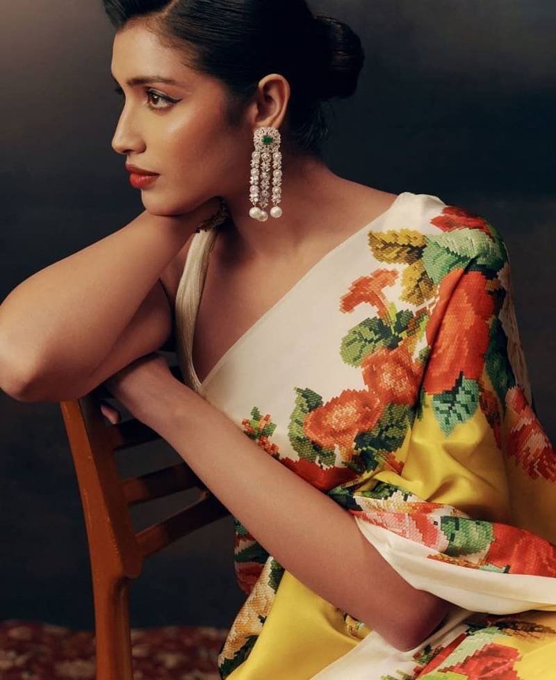 Yellow floral satin saree