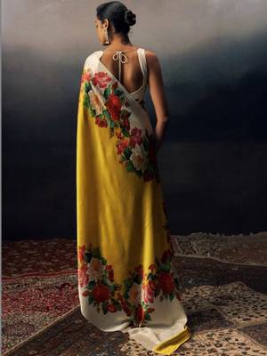 Yellow floral satin saree 3
