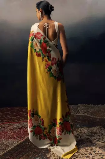 Yellow floral satin saree