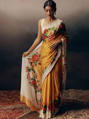 Yellow floral satin designer saree 1