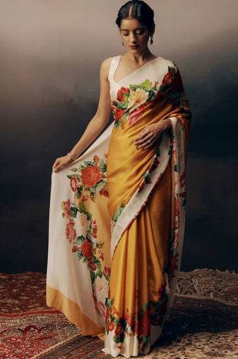 Yellow floral satin designer saree