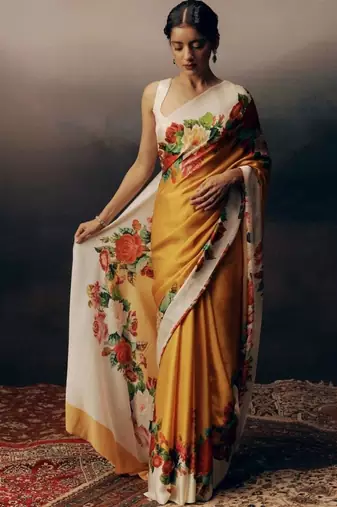Yellow floral satin designer saree